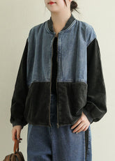 Boho Schwarze Cord Patchwork Jeansjacken mit Taschen